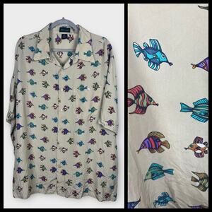 Riscatto 100% Silk Men's 2X Novelty Tropical Fish Print Button Up Collared Shirt